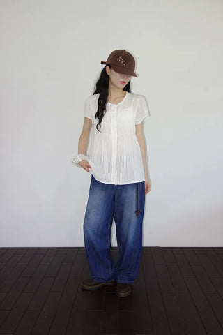 [2 colors] Multi-band curved denim pants