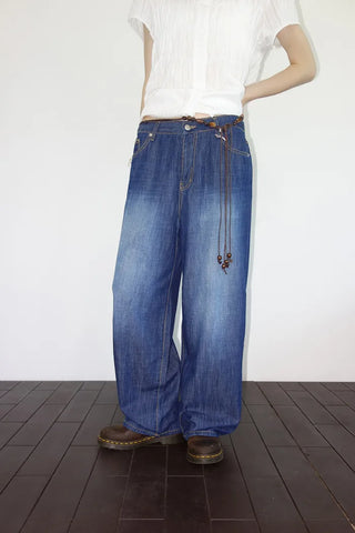 [2 colors] Multi-band curved denim pants