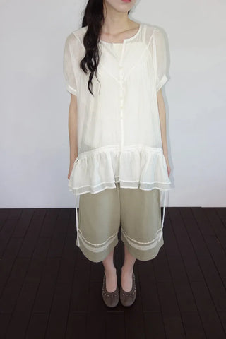 [2 colors] Seiki Lace Banding Bermuda Pants