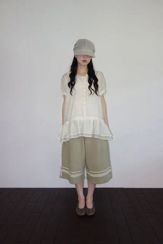 [2 colors] Seiki Lace Banding Bermuda Pants
