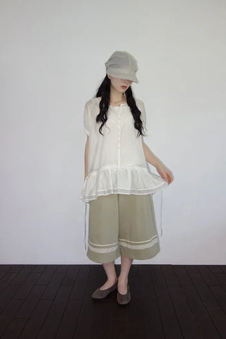 [2 colors] Seiki Lace Banding Bermuda Pants