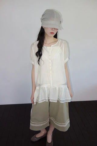 [3 colors] Elise Sheer Shirred Blouse