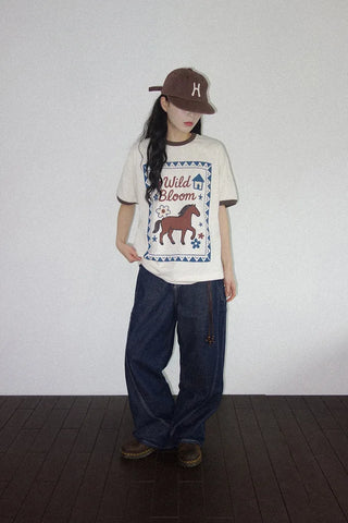 [3 colors] Baho Print Ringer Short-Sleeve T-Shirt