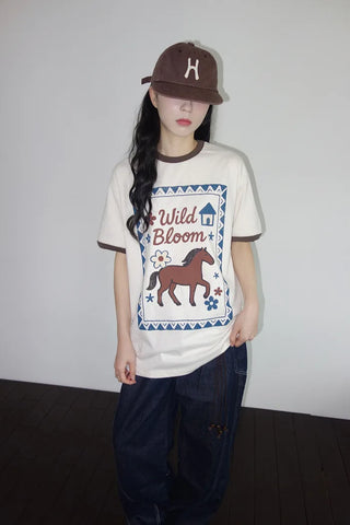 [3 colors] Baho Print Ringer Short-Sleeve T-Shirt