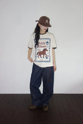 [3 colors] Baho Print Ringer Short-Sleeve T-Shirt