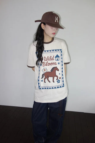 [3 colors] Baho Print Ringer Short-Sleeve T-Shirt