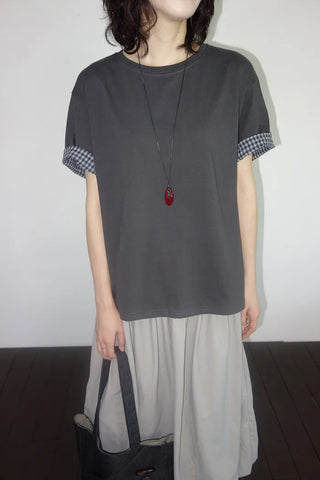 [2 colors] Emma Check Roll-Up Short Sleeve T-Shirt
