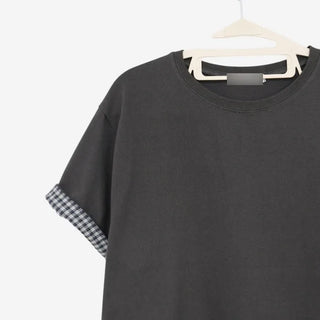 [2 colors] Emma Check Roll-Up Short Sleeve T-Shirt
