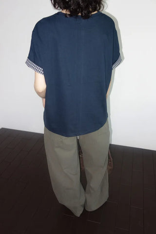 [2 colors] Emma Check Roll-Up Short Sleeve T-Shirt