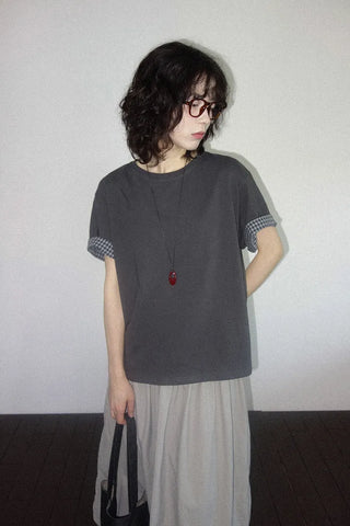 [2 colors] Emma Check Roll-Up Short Sleeve T-Shirt