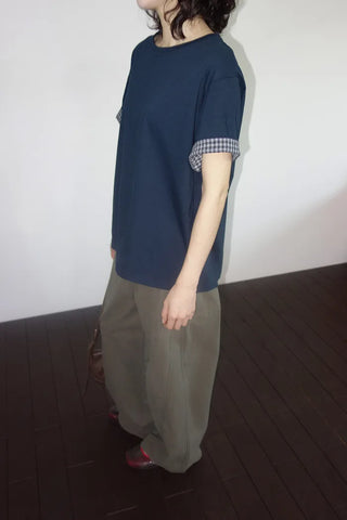[2 colors] Emma Check Roll-Up Short Sleeve T-Shirt
