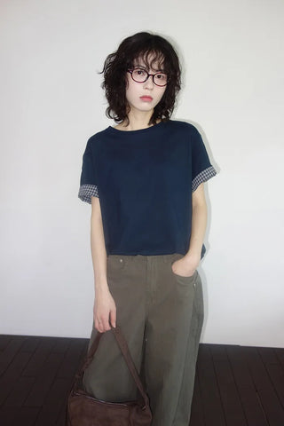 [2 colors] Emma Check Roll-Up Short Sleeve T-Shirt