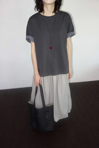 [2 colors] Emma Check Roll-Up Short Sleeve T-Shirt