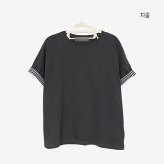 [2 colors] Emma Check Roll-Up Short Sleeve T-Shirt