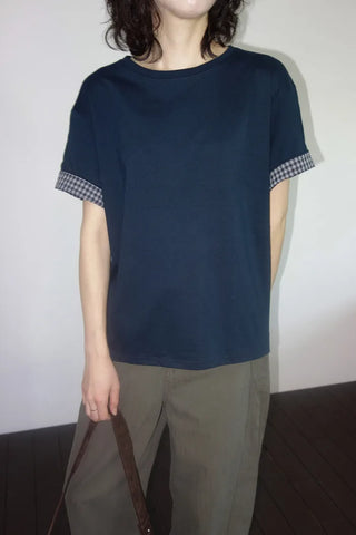 [2 colors] Emma Check Roll-Up Short Sleeve T-Shirt