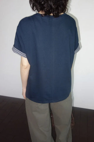 [2 colors] Emma Check Roll-Up Short Sleeve T-Shirt