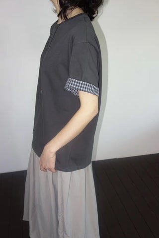 [2 colors] Emma Check Roll-Up Short Sleeve T-Shirt