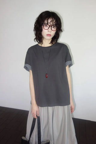 [2 colors] Emma Check Roll-Up Short Sleeve T-Shirt