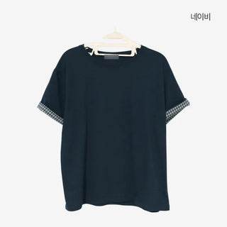 [2 colors] Emma Check Roll-Up Short Sleeve T-Shirt