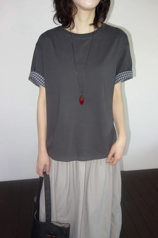 [2 colors] Emma Check Roll-Up Short Sleeve T-Shirt