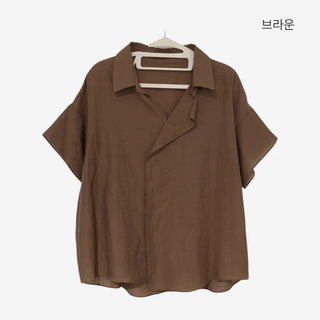 [2 colors] Linen open-collar blouse