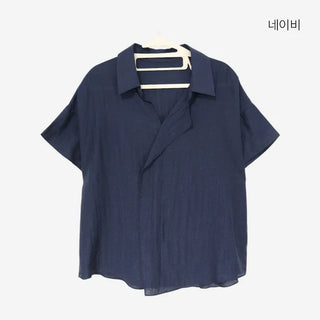 [2 colors] Linen open-collar blouse