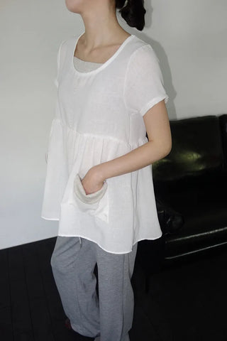 [2 colors] Elvina Linen Pocket Long Short Sleeve T-Shirt