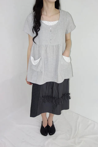 [2 colors] Elvina Linen Pocket Long Short Sleeve T-Shirt