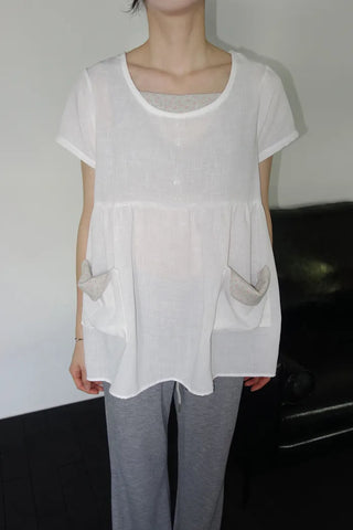 [2 colors] Elvina Linen Pocket Long Short Sleeve T-Shirt
