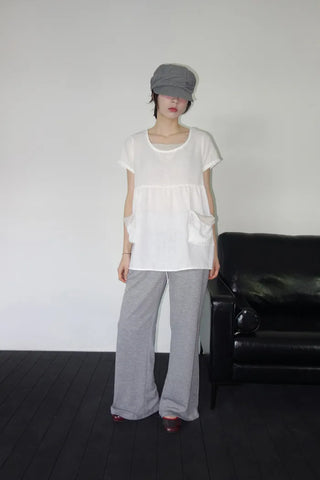 [2 colors] Elvina Linen Pocket Long Short Sleeve T-Shirt