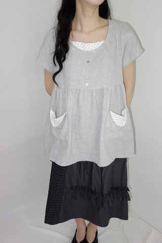 [2 colors] Elvina Linen Pocket Long Short Sleeve T-Shirt