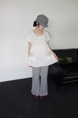 [2 colors] Elvina Linen Pocket Long Short Sleeve T-Shirt