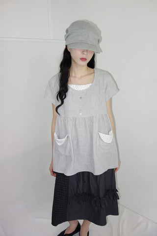 [2 colors] Elvina Linen Pocket Long Short Sleeve T-Shirt