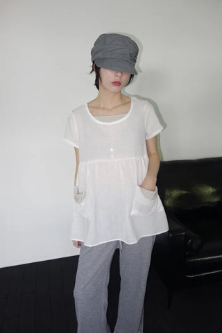[2 colors] Elvina Linen Pocket Long Short Sleeve T-Shirt