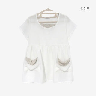 [2 colors] Elvina Linen Pocket Long Short Sleeve T-Shirt