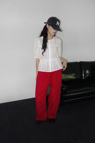 [2 colors] Shine Lace Embroidered Short-Sleeve Blouse