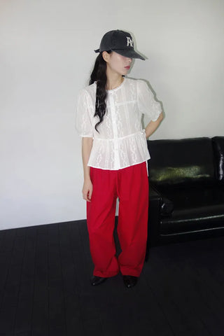 [2 colors] Shine Lace Embroidered Short-Sleeve Blouse