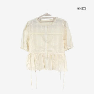 [2 colors] Shine Lace Embroidered Short-Sleeve Blouse