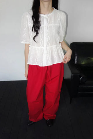 [2 colors] Shine Lace Embroidered Short-Sleeve Blouse