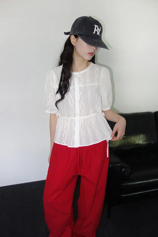 [2 colors] Shine Lace Embroidered Short-Sleeve Blouse