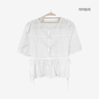 [2 colors] Shine Lace Embroidered Short-Sleeve Blouse