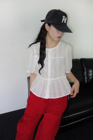 [2 colors] Shine Lace Embroidered Short-Sleeve Blouse