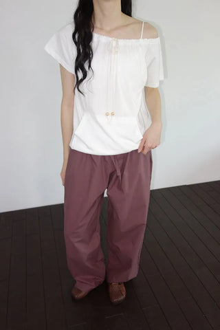 [2 colors] Beachco Off-Shoulder Pocket Short-Sleeve T-Shirt