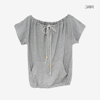[2 colors] Beachco Off-Shoulder Pocket Short-Sleeve T-Shirt