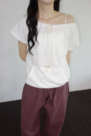[2 colors] Beachco Off-Shoulder Pocket Short-Sleeve T-Shirt