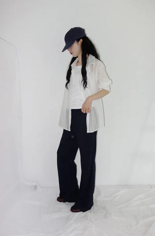 [4 colors] Shara See-through Stripe Strap Shirt