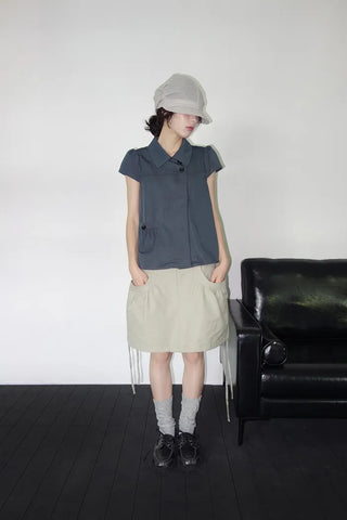 [4 colors] Motto Button Collar Blouse