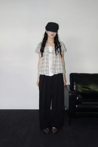 [2 colors] Aline Layered Check Blouse