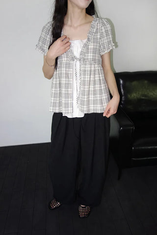 [2 colors] Aline Layered Check Blouse