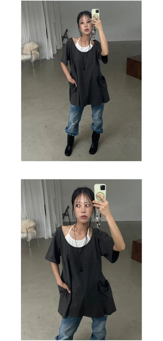[2 colors] Layered Halter Neck Pocket Dress